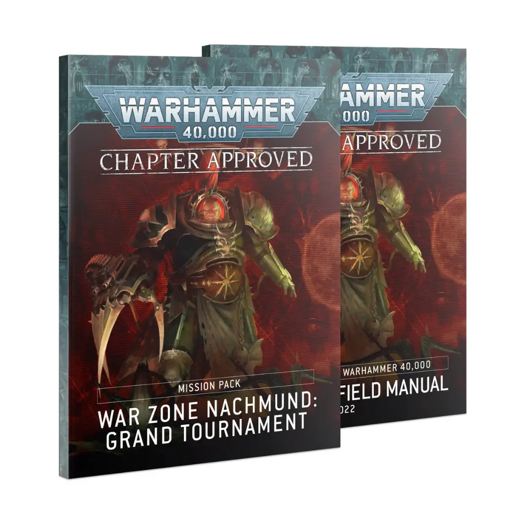 Chapter Approved War Zone Nachmund mission pack featuring a warrior in dark armor with a large claw against a red background.