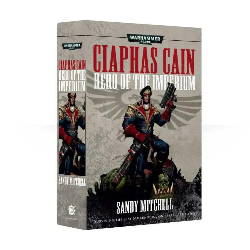 Warhammer 40k Ciaphas Cain Hero of the Imperium Omnibus book featuring a Commissar in a black and red uniform on a fiery background.