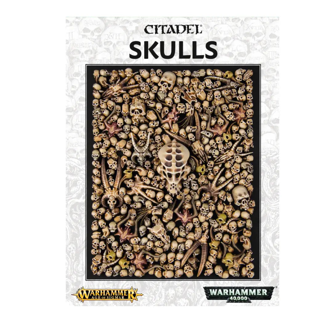 Citadel Skulls box featuring a vast collection of assorted miniature skulls for base decoration on a dark background.