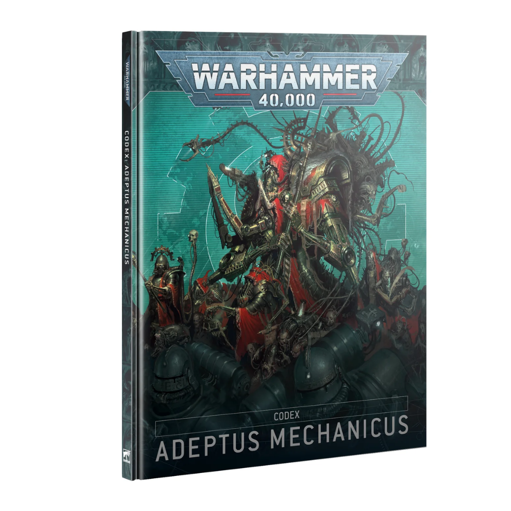 Warhammer 40k Adeptus Mechanicus Codex book featuring a cyborg leader in red robes with mechanical limbs on a teal background.