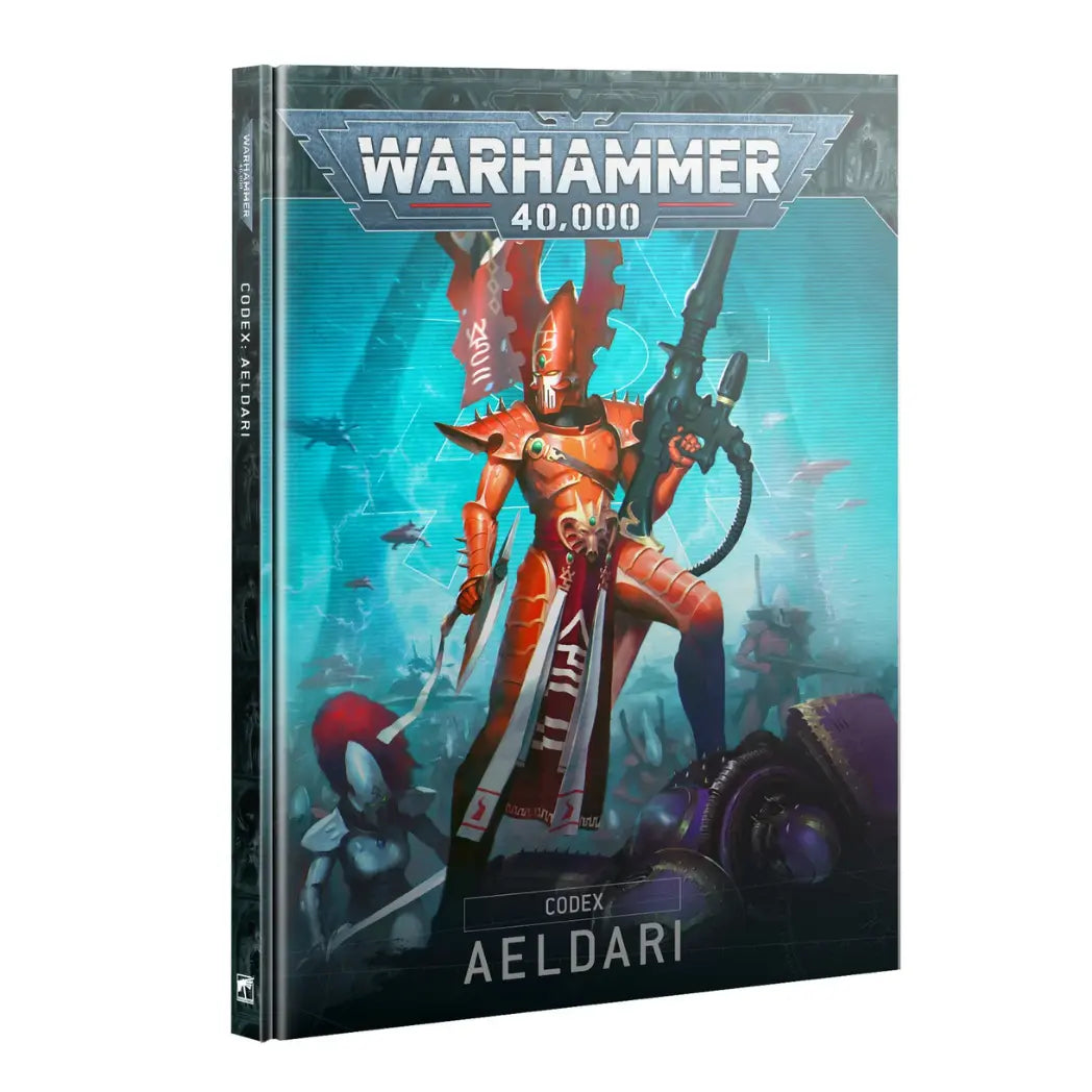 Warhammer 40k Aeldari Codex book featuring an orange-armored warrior with a tall helm holding a long rifle on a teal background.