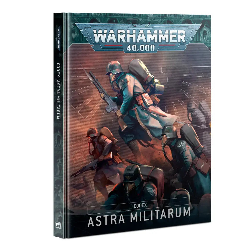 Warhammer 40k Astra Militarum Codex book featuring a soldier in green armor and a gas mask holding a lasgun against a fiery background.
