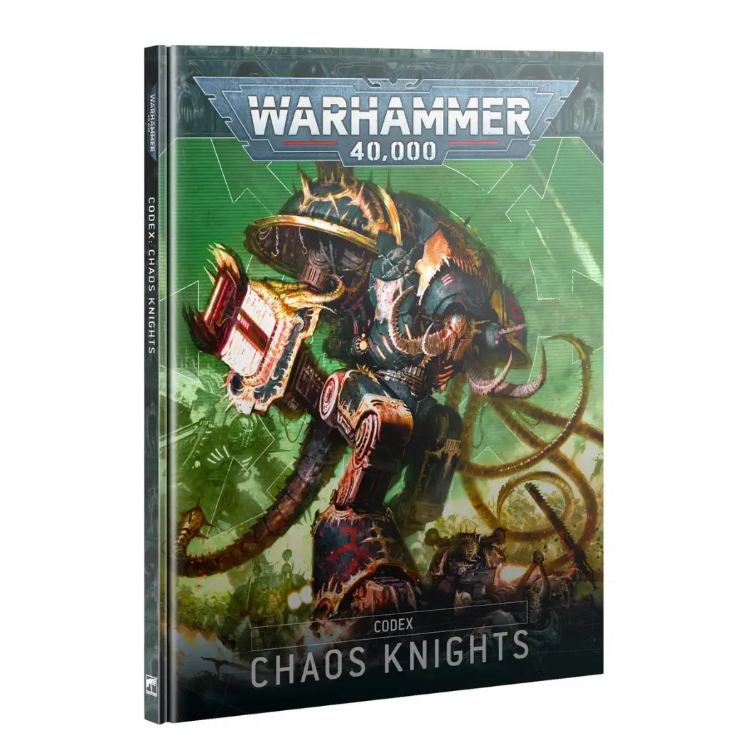Warhammer 40k Francais Chaos Knights Codex book featuring a corrupted mechanical walker with spikes and glowing weapons on a green background.