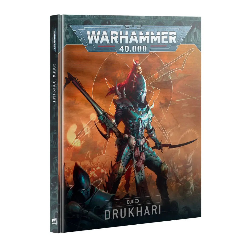 Warhammer 40k Drukhari Codex book (Francais) featuring a dark elf warrior in spiked green armor holding a jagged blade on a purple background.