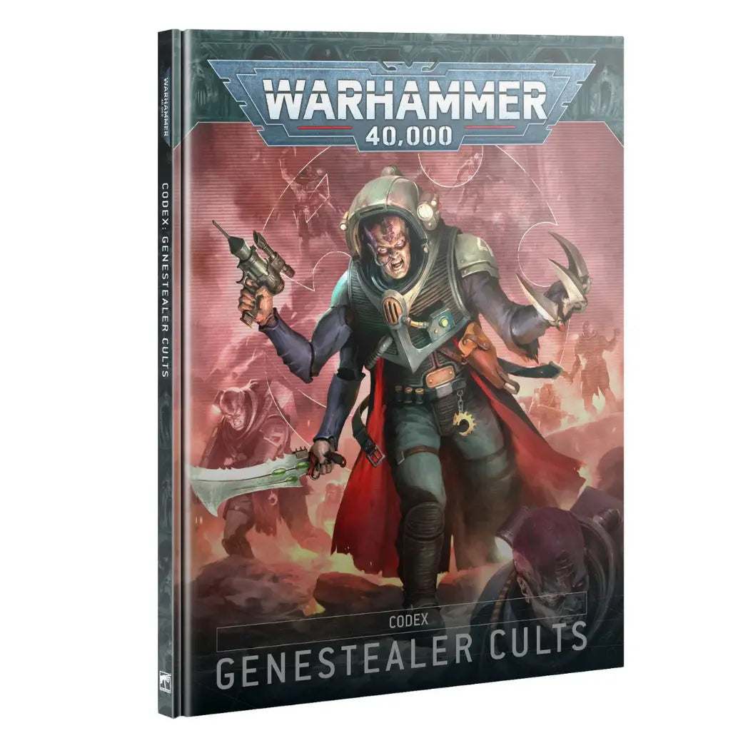 Warhammer 40k Genestealer Cults Codex book featuring a multi-armed mutant leader in purple robes holding a staff on a teal background.