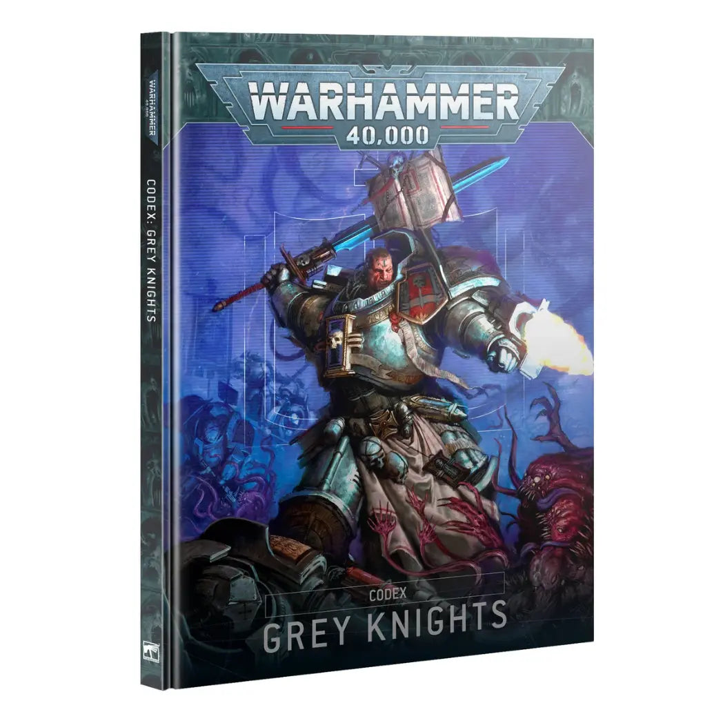 Warhammer 40k Grey Knights Codex book featuring a silver-armored knight with a glowing blue sword and mounted book on a purple background.