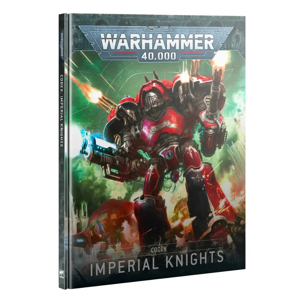 Imperial Knights Codex book (Francais) featuring a giant mechanical walker with a shield and cannon on a teal background.