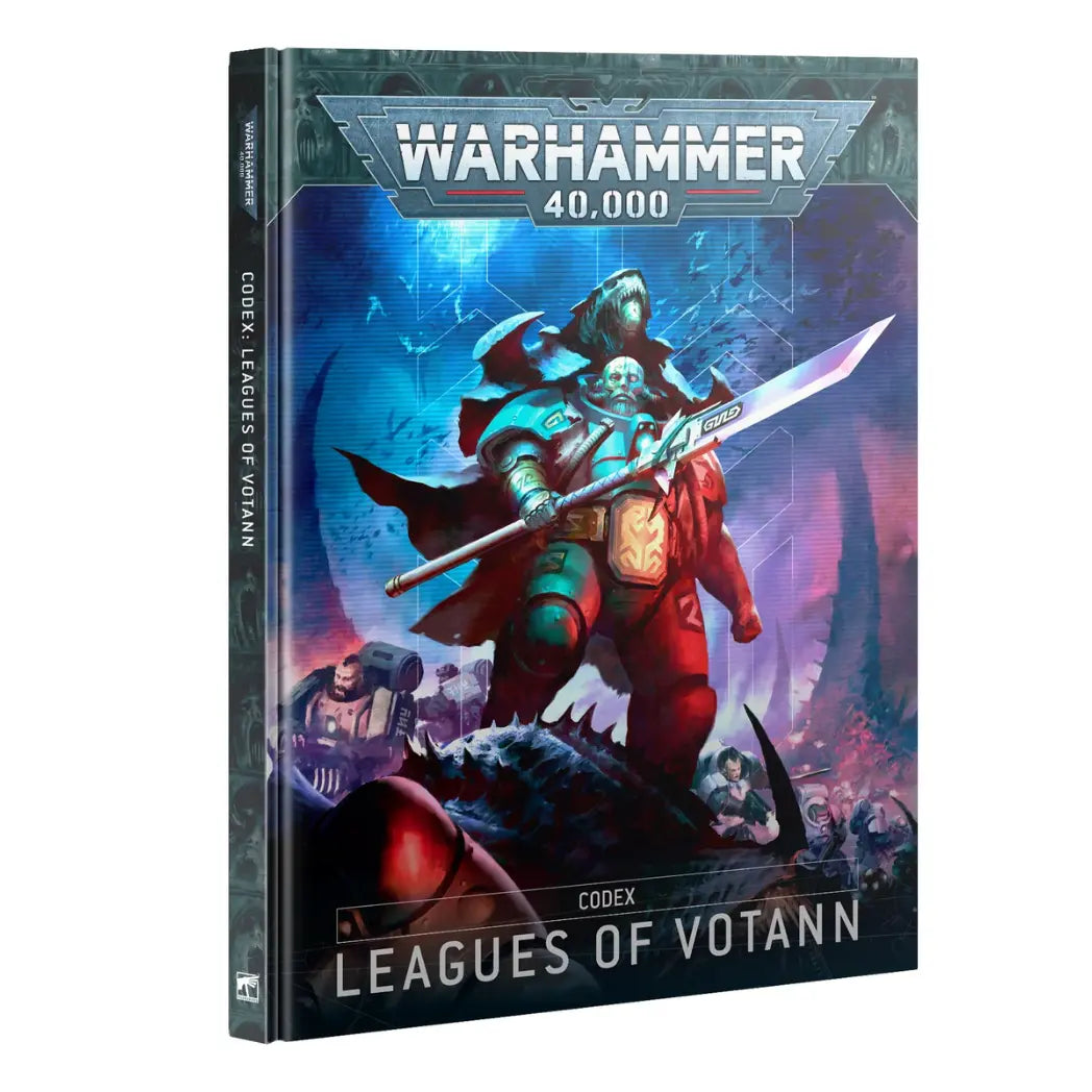 Warhammer 40k Leagues of Votann Codex book (Francais) featuring a stout warrior in teal and red armor holding a glowing blade on a blue backgroun