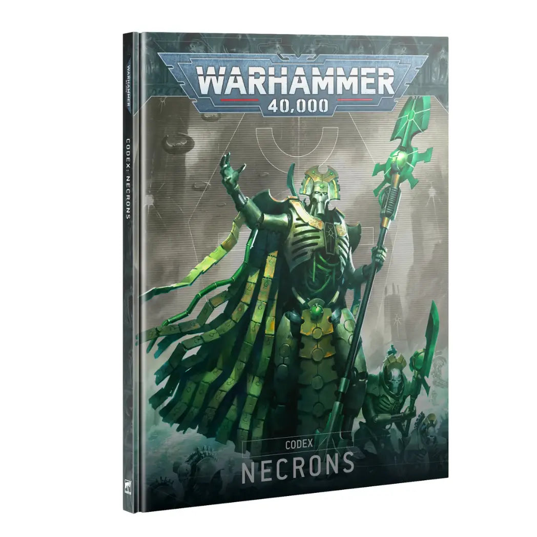 Warhammer 40k Necrons Codex book featuring a skeletal robotic leader in green armor holding a glowing staff on a grey background.