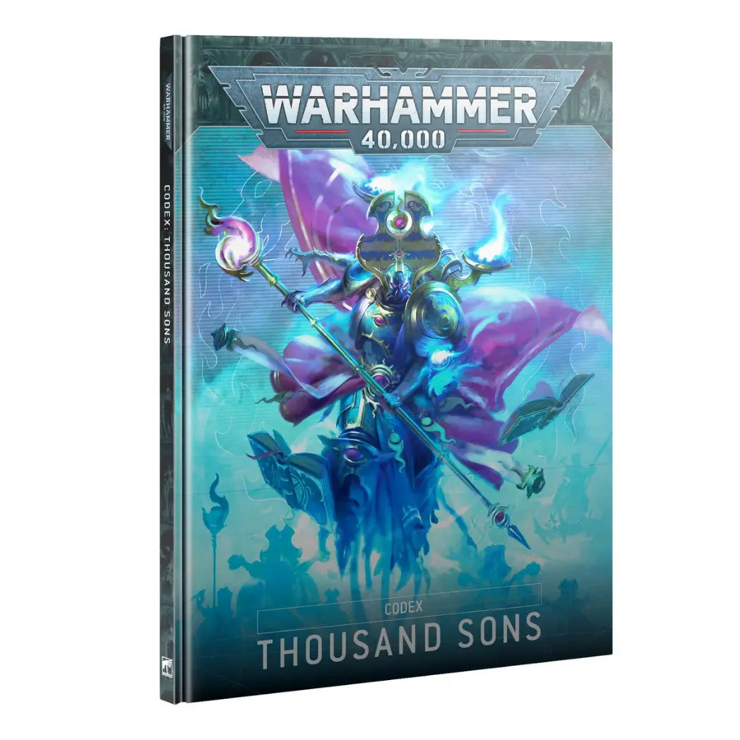 Warhammer 40k Thousand Sons Codex book featuring a blue and gold armored sorcerer with a tall headdress and staff on a blue background.