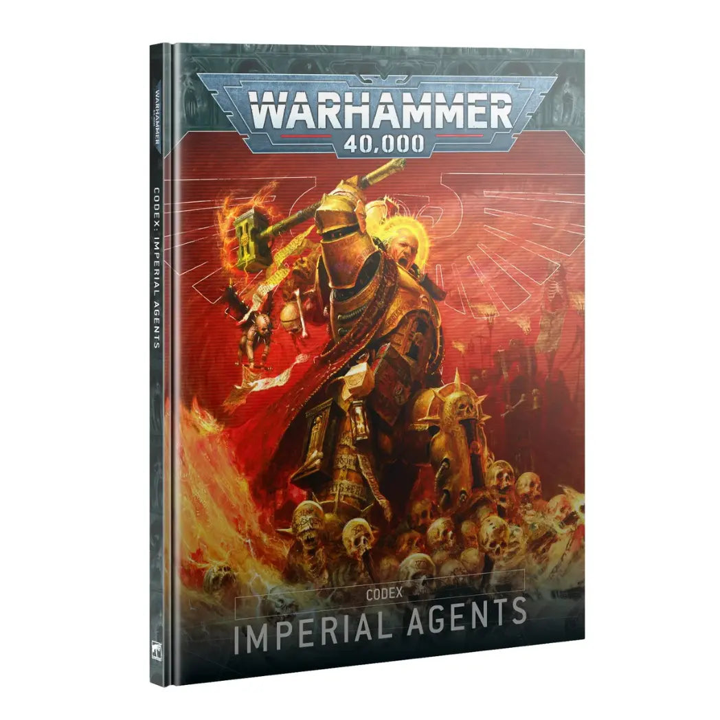 Warhammer 40k Imperial Agents Codex book featuring a high-ranking official with a bionic eye and sword against a dark, ornate background.