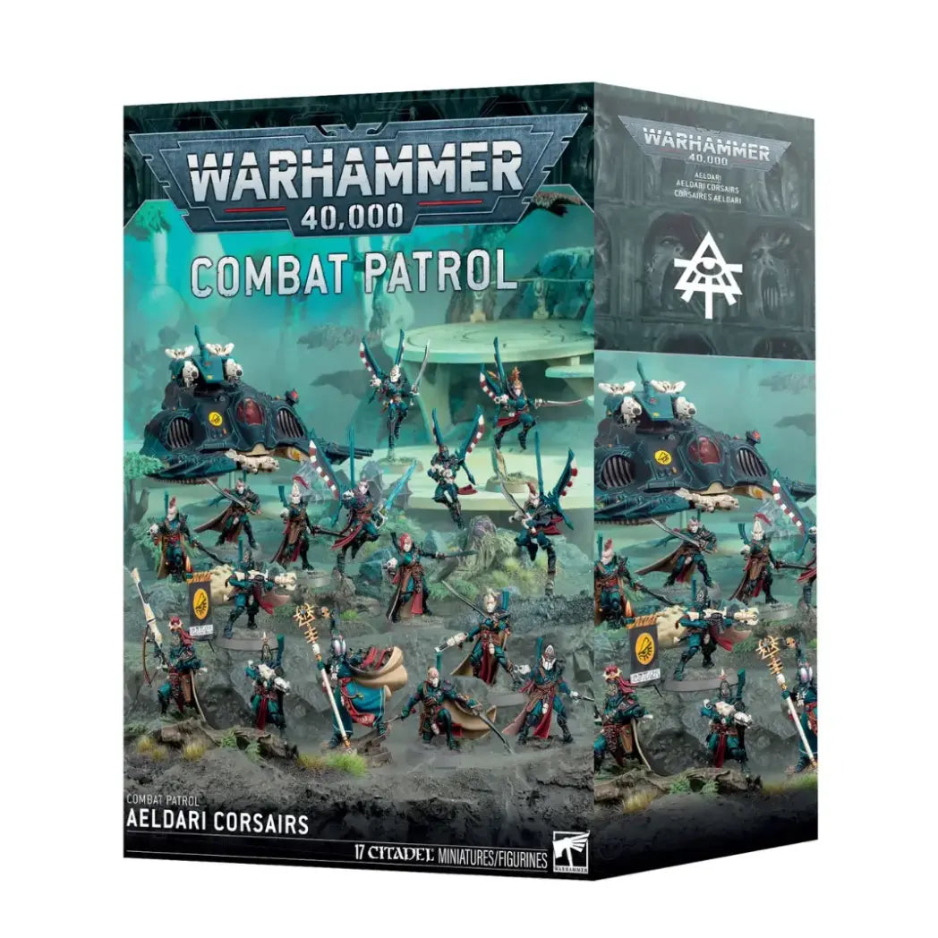 Warhammer 40,000 Aeldari Corsairs box featuring teal-armored warriors and a sleek tank on a misty, grey rocky terrain.