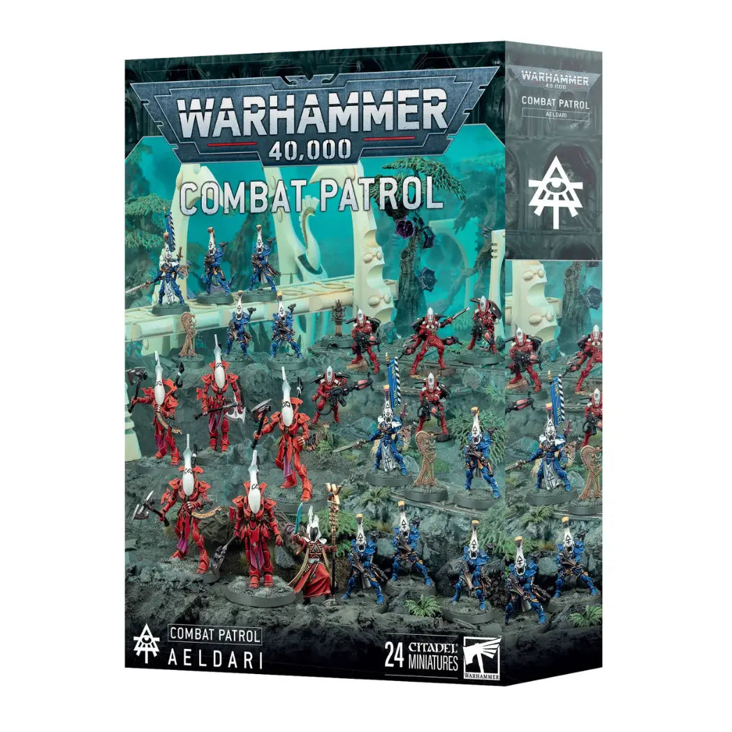 Warhammer 40k Aeldari Combat Patrol box featuring red and blue armored warriors with tall white helms on a rocky grey landscape.