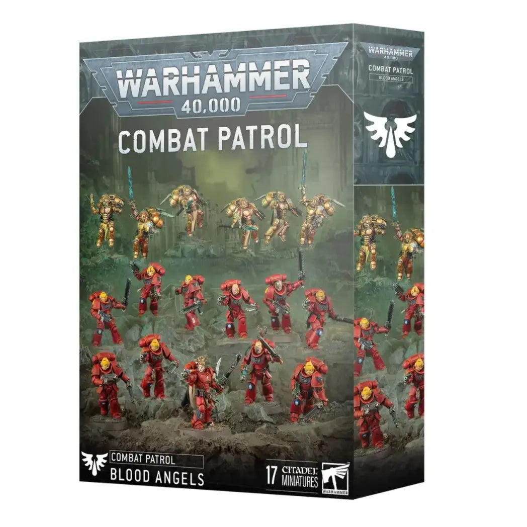 Warhammer 40k Aeldari Combat Patrol box featuring red and blue armored warriors with tall white helms on a rocky grey landscape.