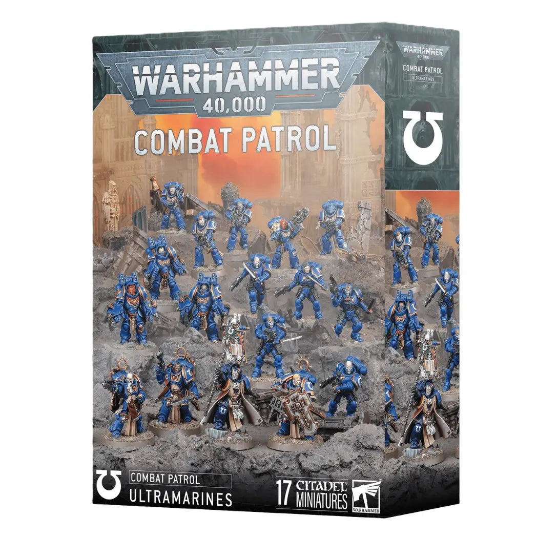 Warhammer 40,000 Combat Patrol: Ultramarines box featuring 17 blue-armored miniatures on a grey, rocky battlefield.