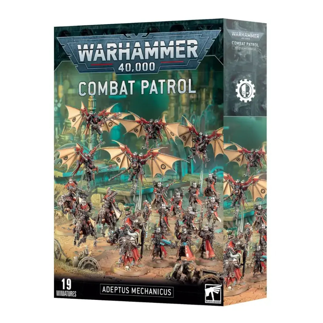 Warhammer 40,000 Adeptus Mechanicus Combat Patrol box featuring red-robed cyborg soldiers and winged fliers in a green industrial zone.