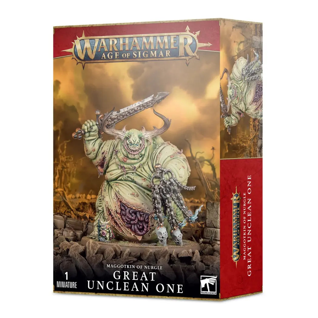 Warhammer Age of Sigmar Daemons of Nurgle Great Unclean One box featuring a massive, bloated green demon with antlers on a dark green background.