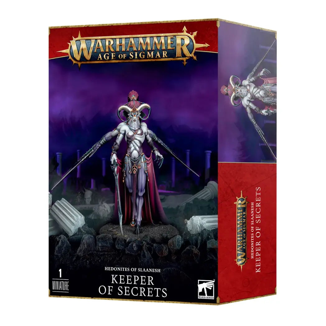 Warhammer Age of Sigmar Keeper of Secrets box featuring a slender, four-armed demon with large horns and a long sword on a purple background.