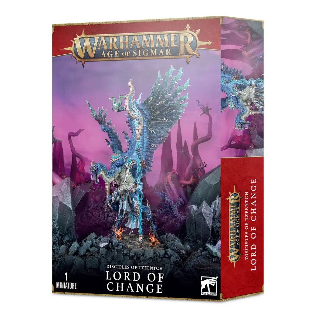 Warhammer 40k Lord of Change box featuring a massive blue avian demon with large wings and a staff on a purple background.