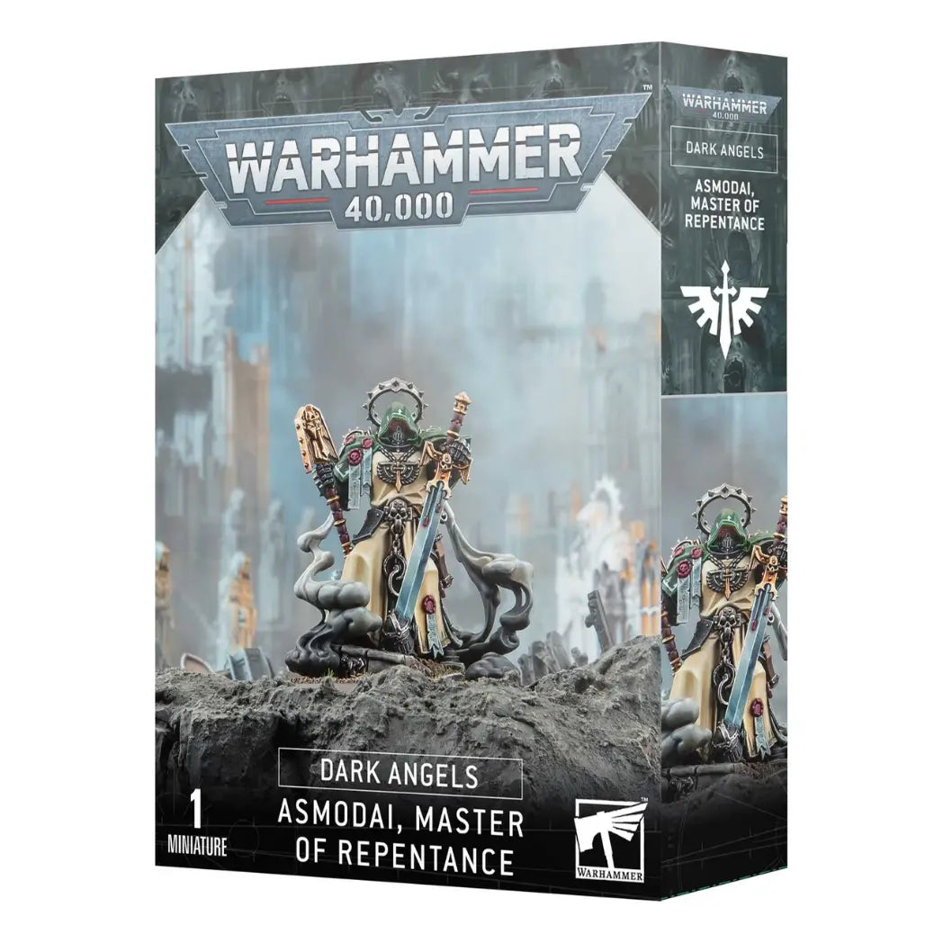 Warhammer 40,000 Asmodai, Master of Repentance box featuring a hooded Dark Angel in tan robes holding a blue power sword.