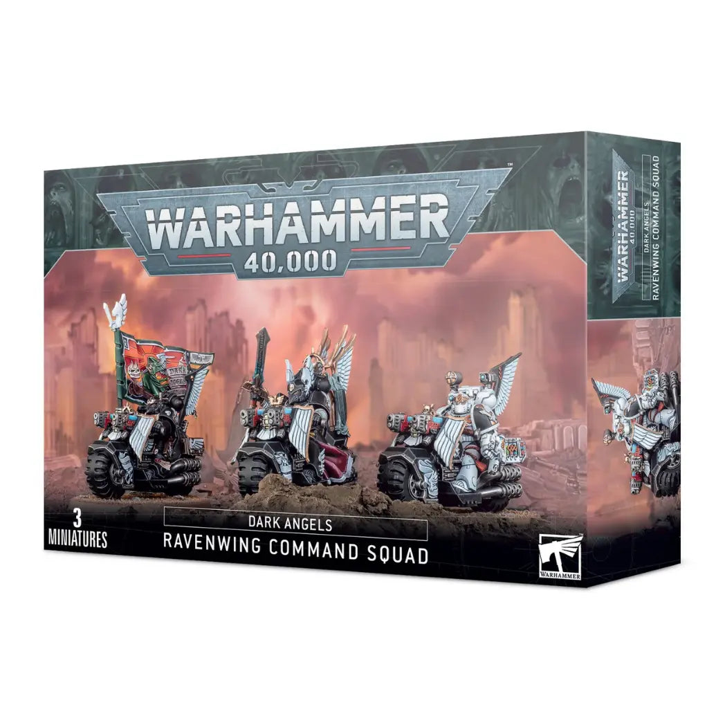 Warhammer 40,000 Ravenwing Command Squad box featuring three winged bikers in black and white armor on a rocky landscape.