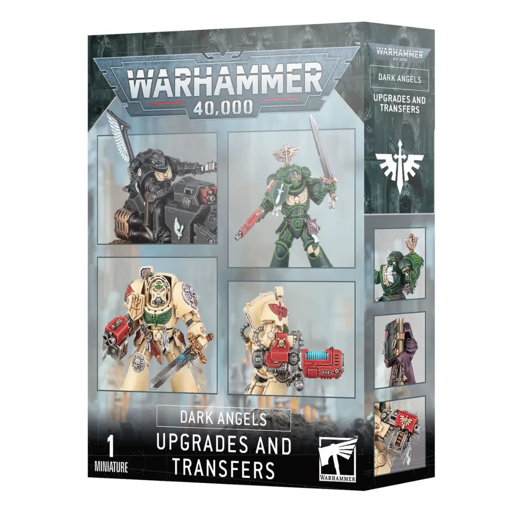 Warhammer 40,000 Dark Angels Upgrades and Transfers box featuring various green-armored helmets and shoulder pads.