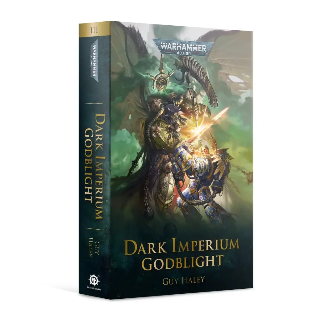 Warhammer 40k Dark Imperium Godblight book featuring a blue-armored warrior with a flaming sword facing a large green demon.