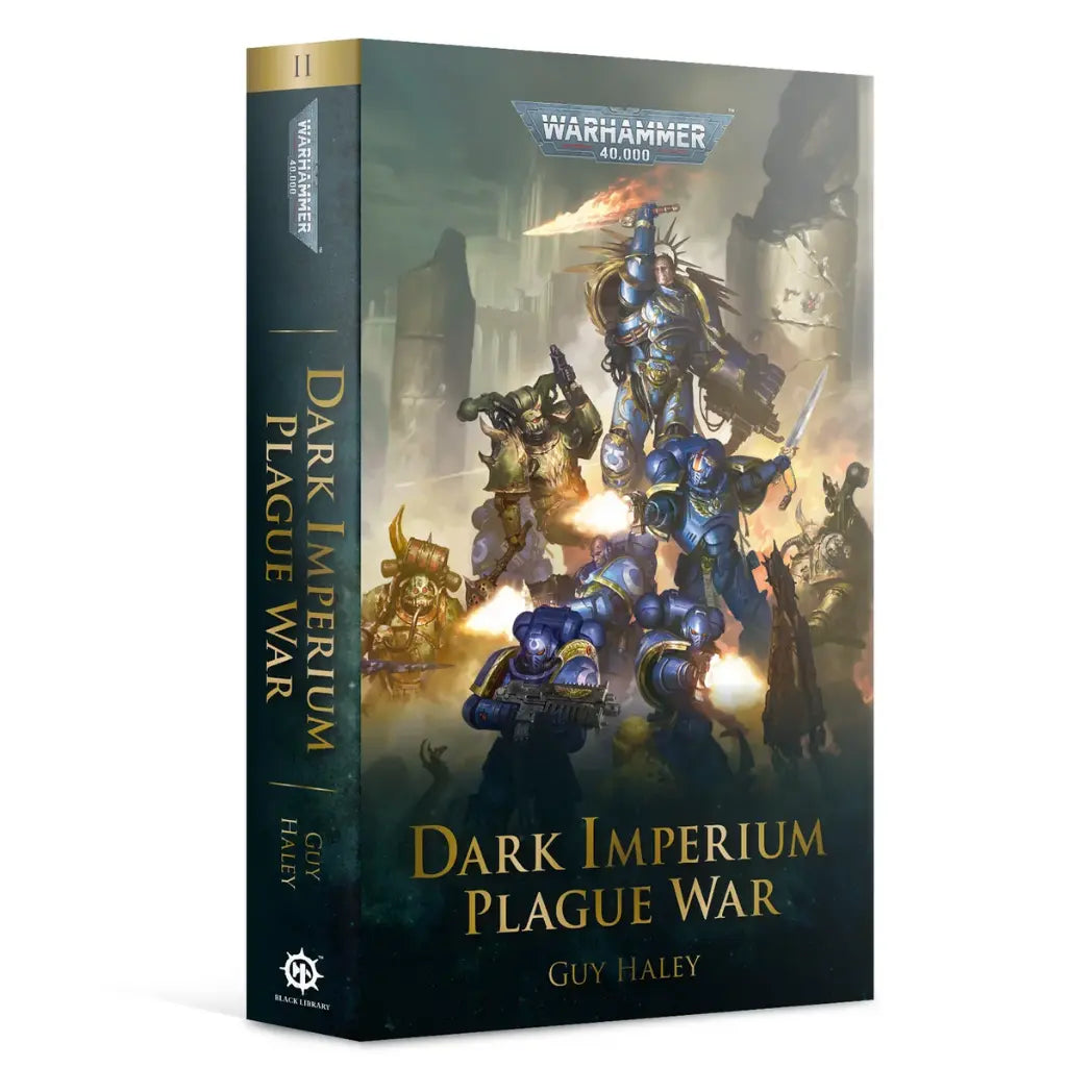 Warhammer 40k Dark Imperium Plague War book featuring blue-armored soldiers and a leader with a flaming sword against green-armored enemies.