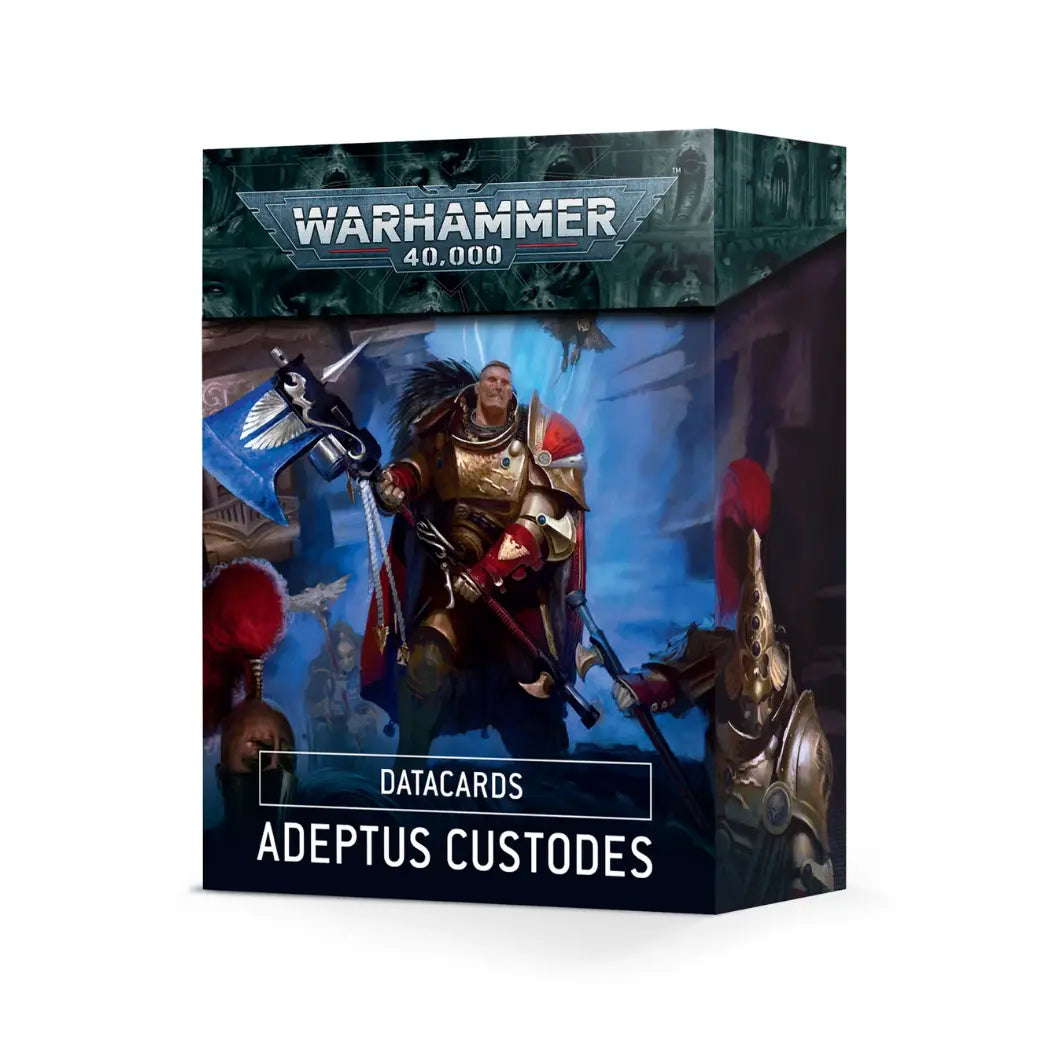 Adeptus Custodes Datacards box featuring gold filigree patterns and a central eagle emblem on a dark textured background.
