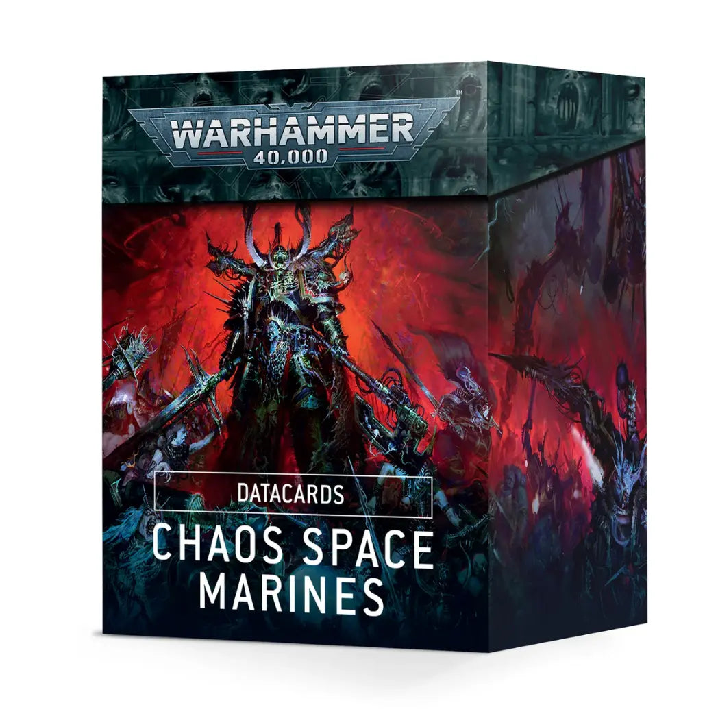 Warhammer 40,000 Chaos Space Marines Datacards box featuring Abaddon the Despoiler against a fiery red and black background.