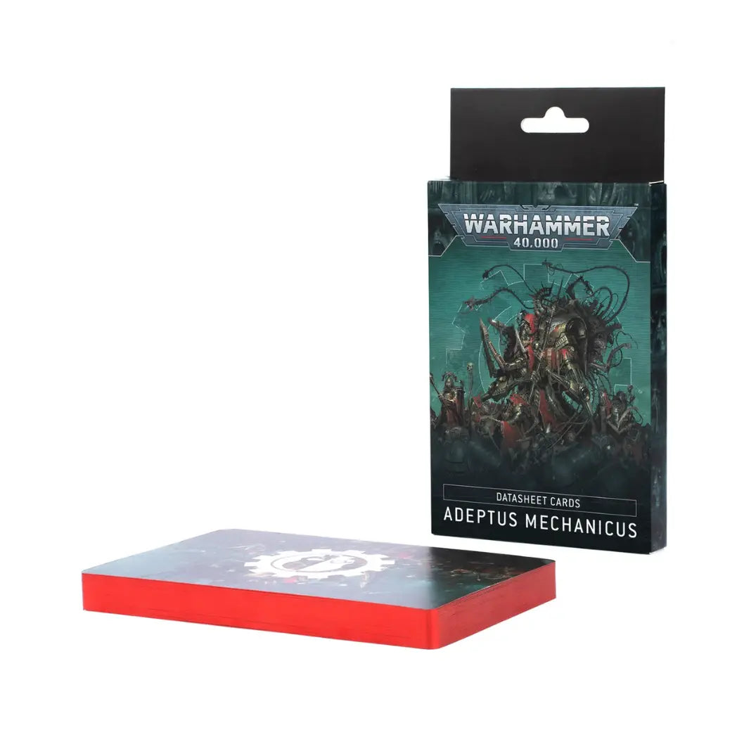 Warhammer 40k Adeptus Mechanicus Datasheet Cards box featuring a red-robed cyborg tech-priest with mechanical appendages on a teal background.