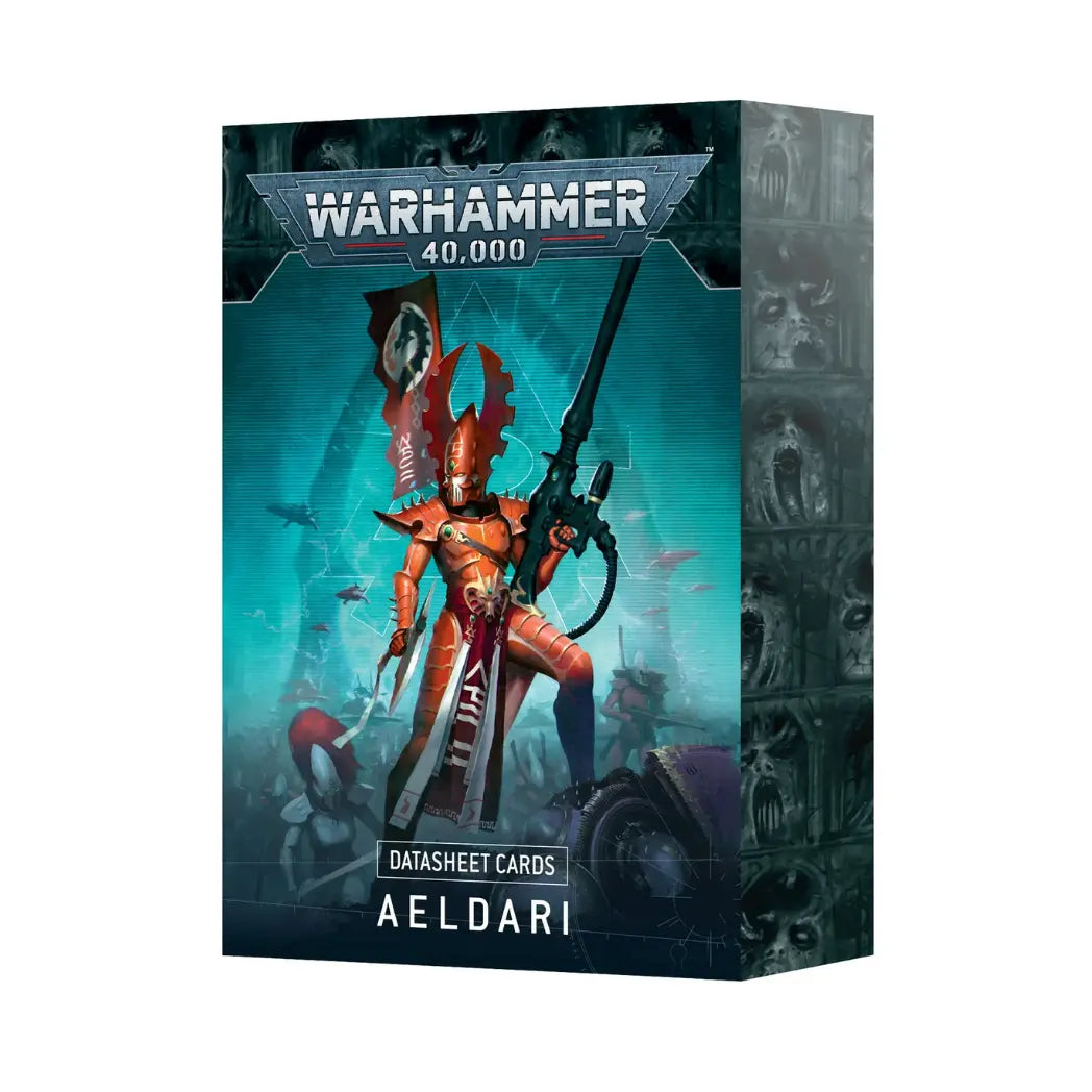 Warhammer 40k Aeldari Datasheet Cards box featuring an orange-armored warrior with a tall helm holding a long rifle on a teal background.