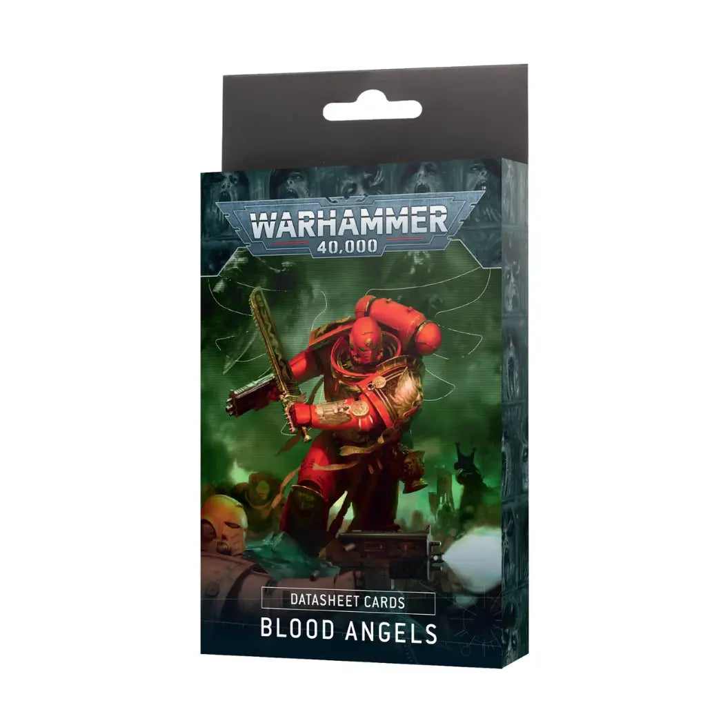 Warhammer 40,000 Blood Angels Datasheet Cards box featuring a red-armored warrior with a chainsword on a green background.
