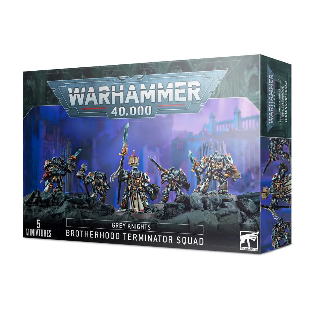 Warhammer 40,000 Brotherhood Terminator Squad box featuring five Grey Knights in silver armor with various power weapons.