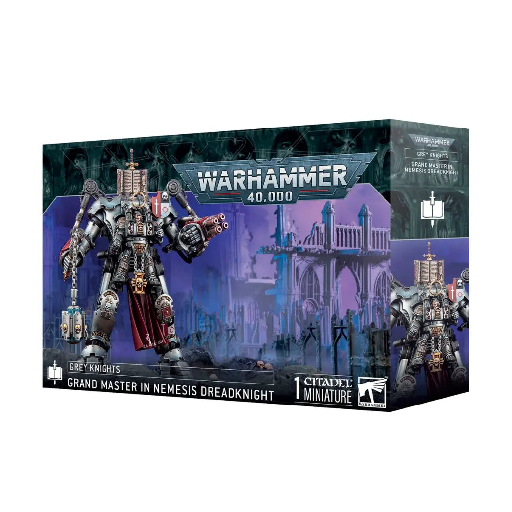 Warhammer 40,000 Grandmaster in Nemesis Dreadknight box featuring a Grey Knight pilot in a large silver exoskeleton.