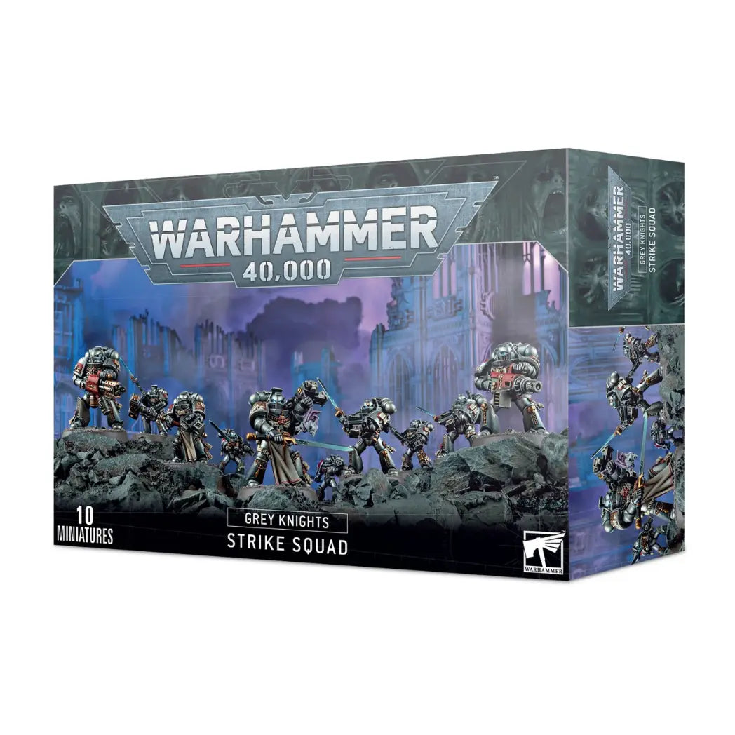 Warhammer 40,000 Grey Knights Strike Squad box featuring 10 silver-armored miniatures with blue power weapons on dark rocks.
