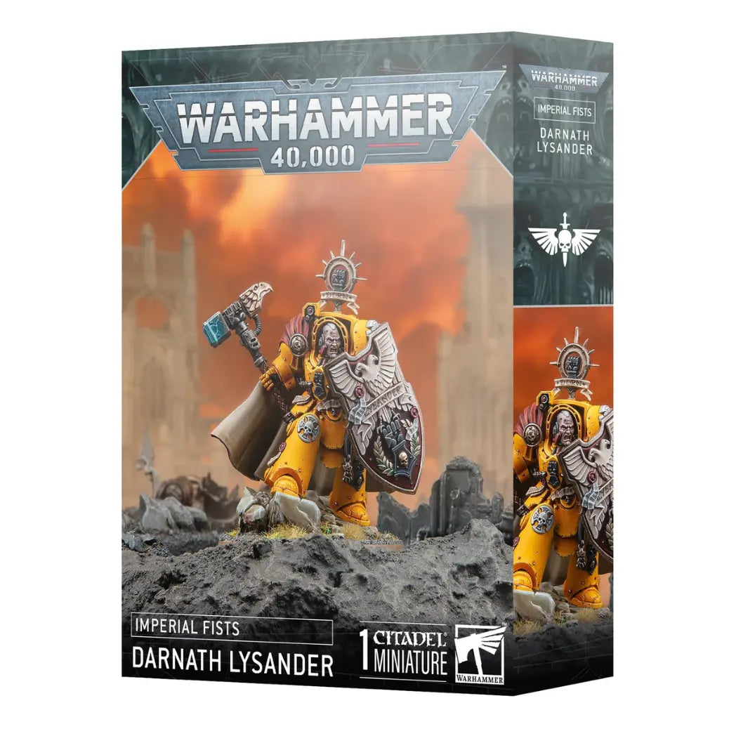 Warhammer 40,000 Darnath Lysander box featuring an Imperial Fist in yellow armor with a thunder hammer and storm shield.