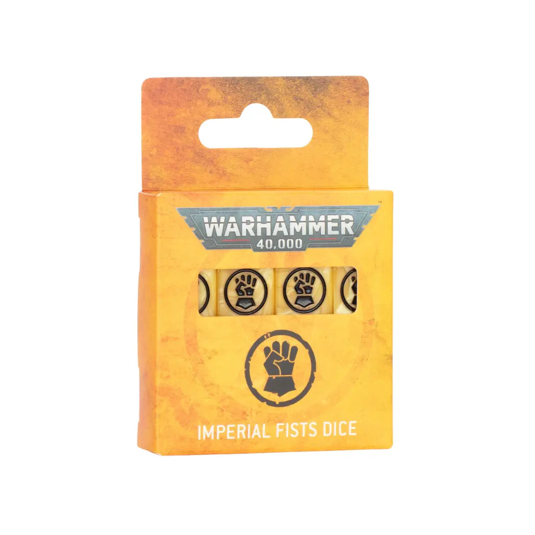 Warhammer 40,000 Imperial Fists Dice set box in orange and yellow featuring yellow dice with fist icon shown in black.