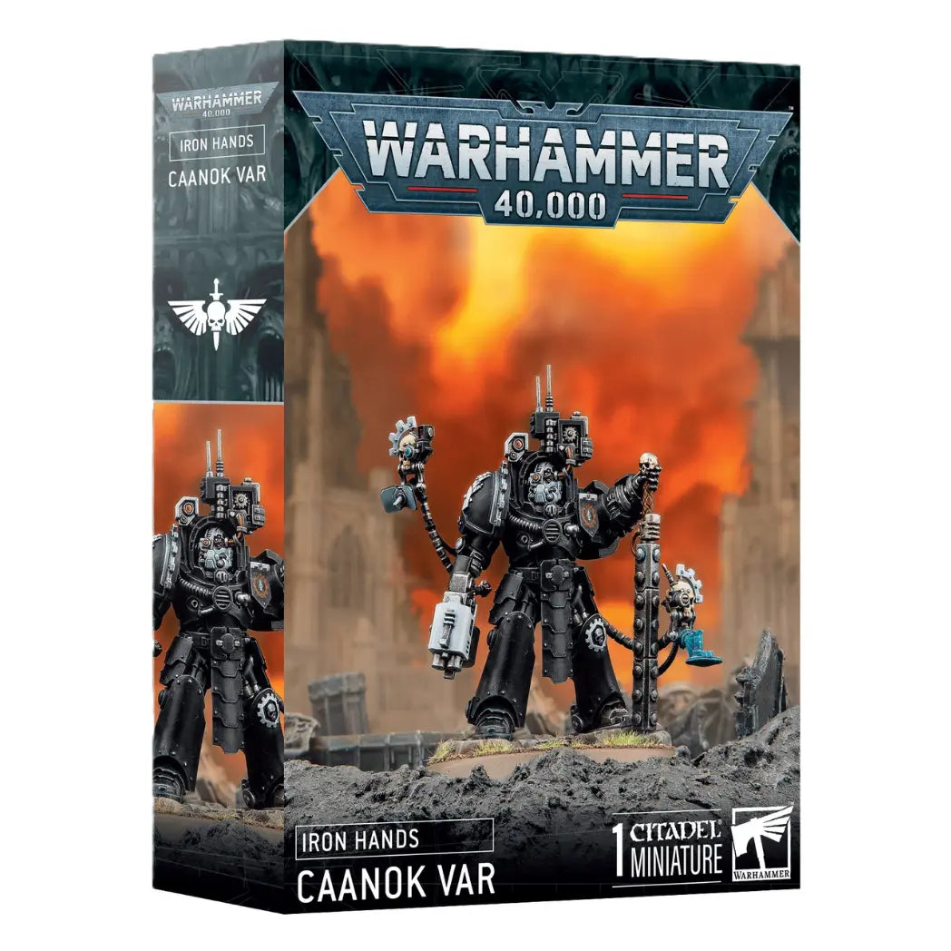 Warhammer 40,000 Iron Hands Feirros box featuring a cybernetic warrior in black armor with a large axe and shoulder-mounted guns.