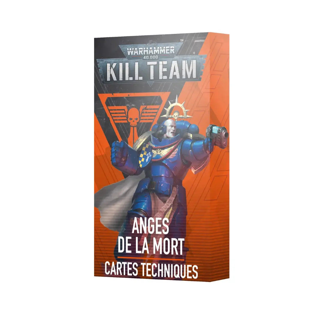 Warhammer 40,000 Kill Team Anges de la Mort datacards box featuring a blue-armored Space Marine on an orange background.