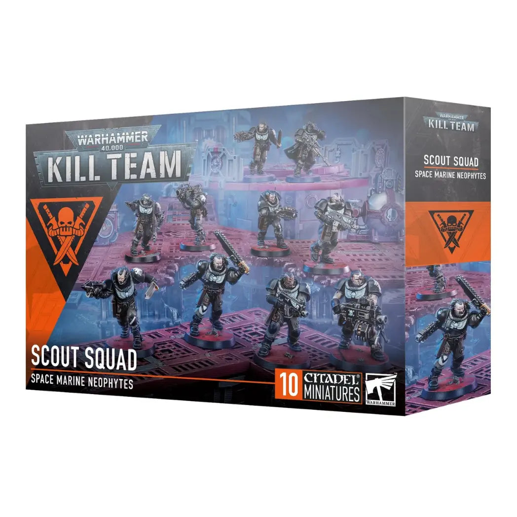 Warhammer 40,000 Kill Team Scout Squad box featuring 10 black-armored Space Marine Scouts with various tactical weapons.