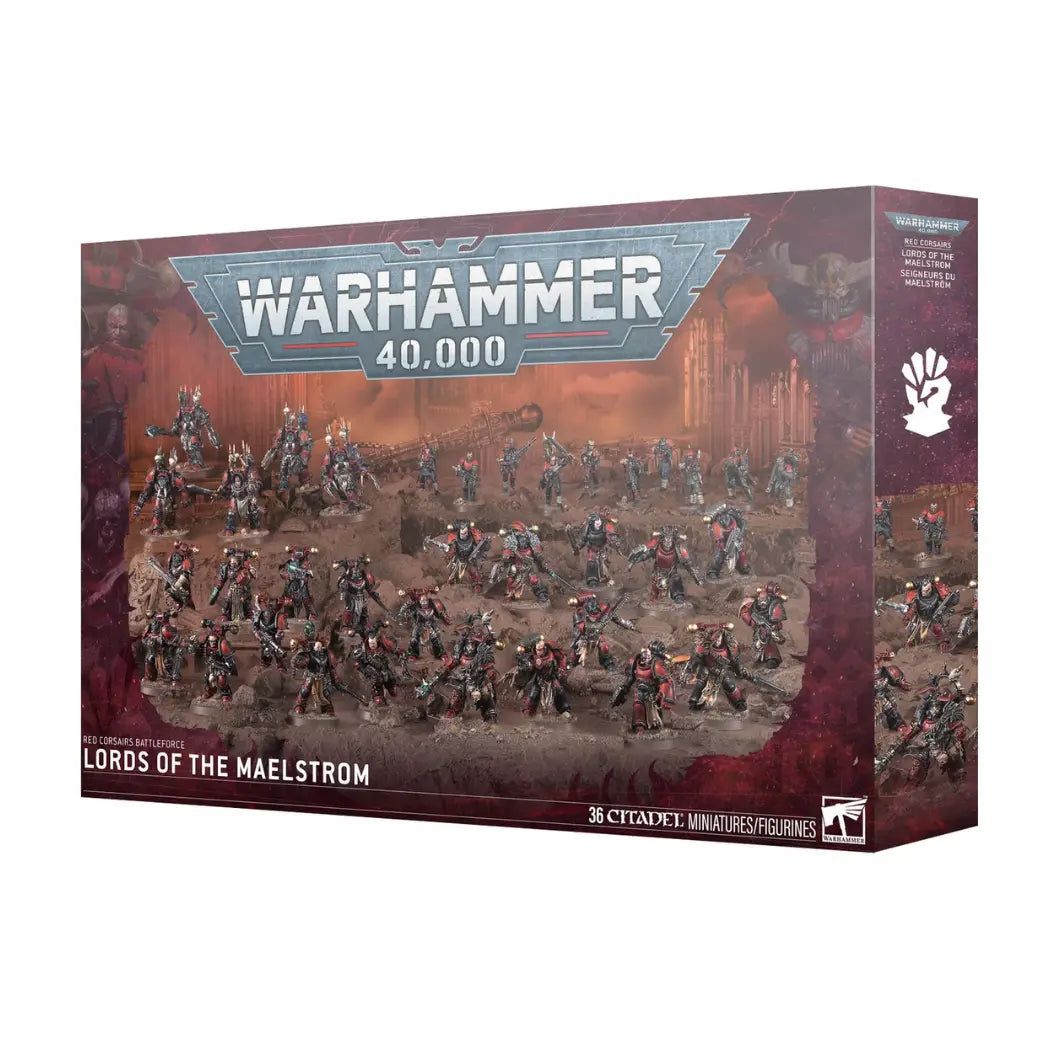 Warhammer 40,000 Red Corsairs Lords of the Maelstrom box featuring 36 red and black miniatures on a rocky, desert-like terrain.