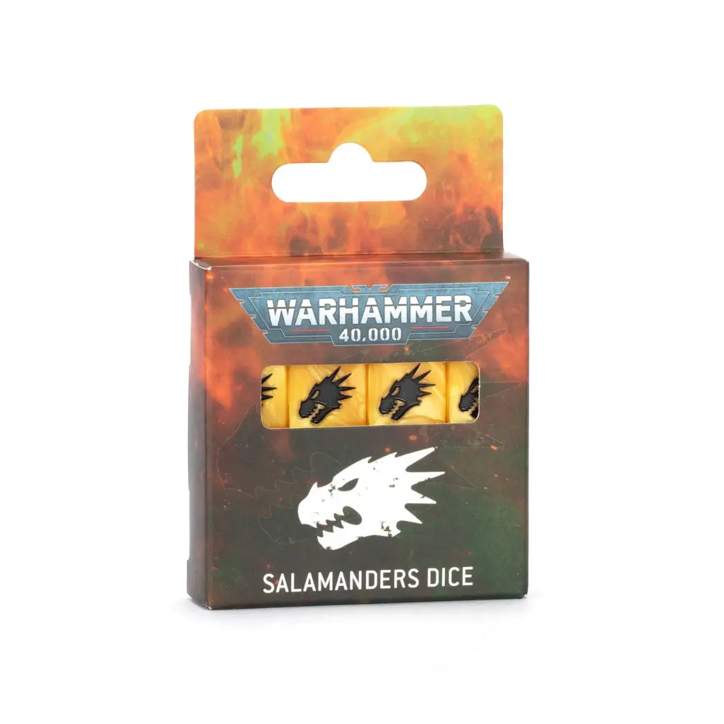 Warhammer 40,000 Salamanders Dice Set box featuring green dice with orange flame and black lizard icons.