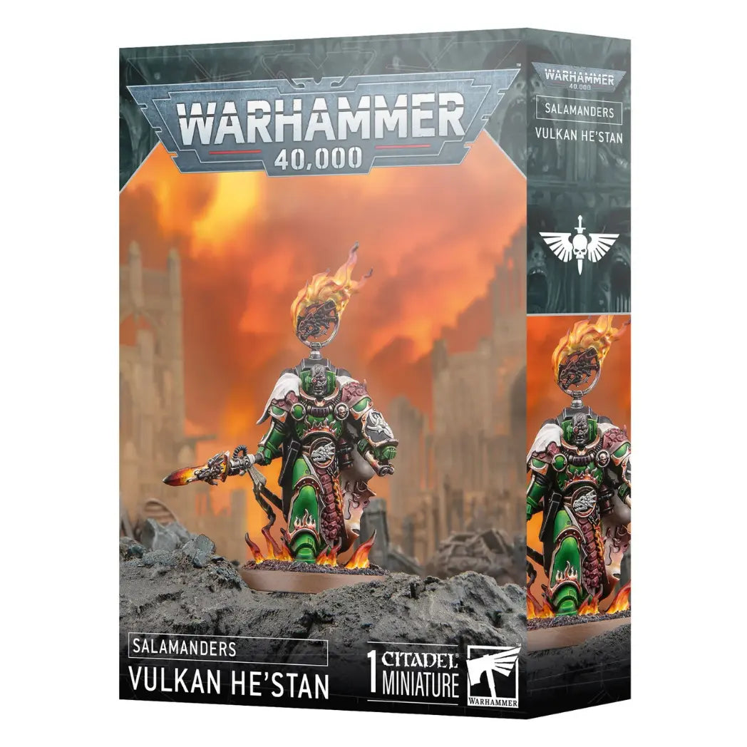 Warhammer 40,000 Vulkan He'stan box featuring a Salamander in green armor with a spear and a flaming backpack icon.