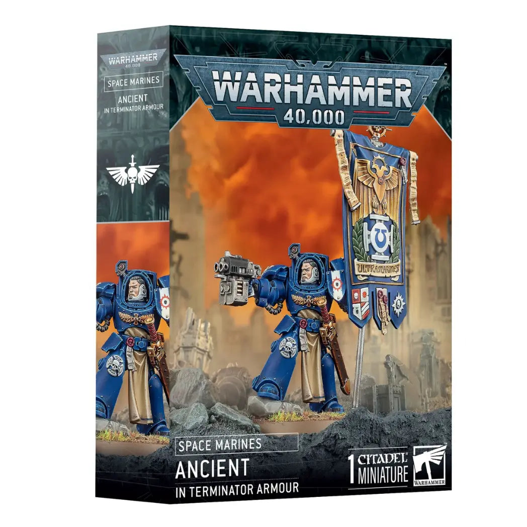 Warhammer 40,000 Ancient in Terminator Armour box featuring a silver-armored Space Marine holding a large banner and a storm bolter.