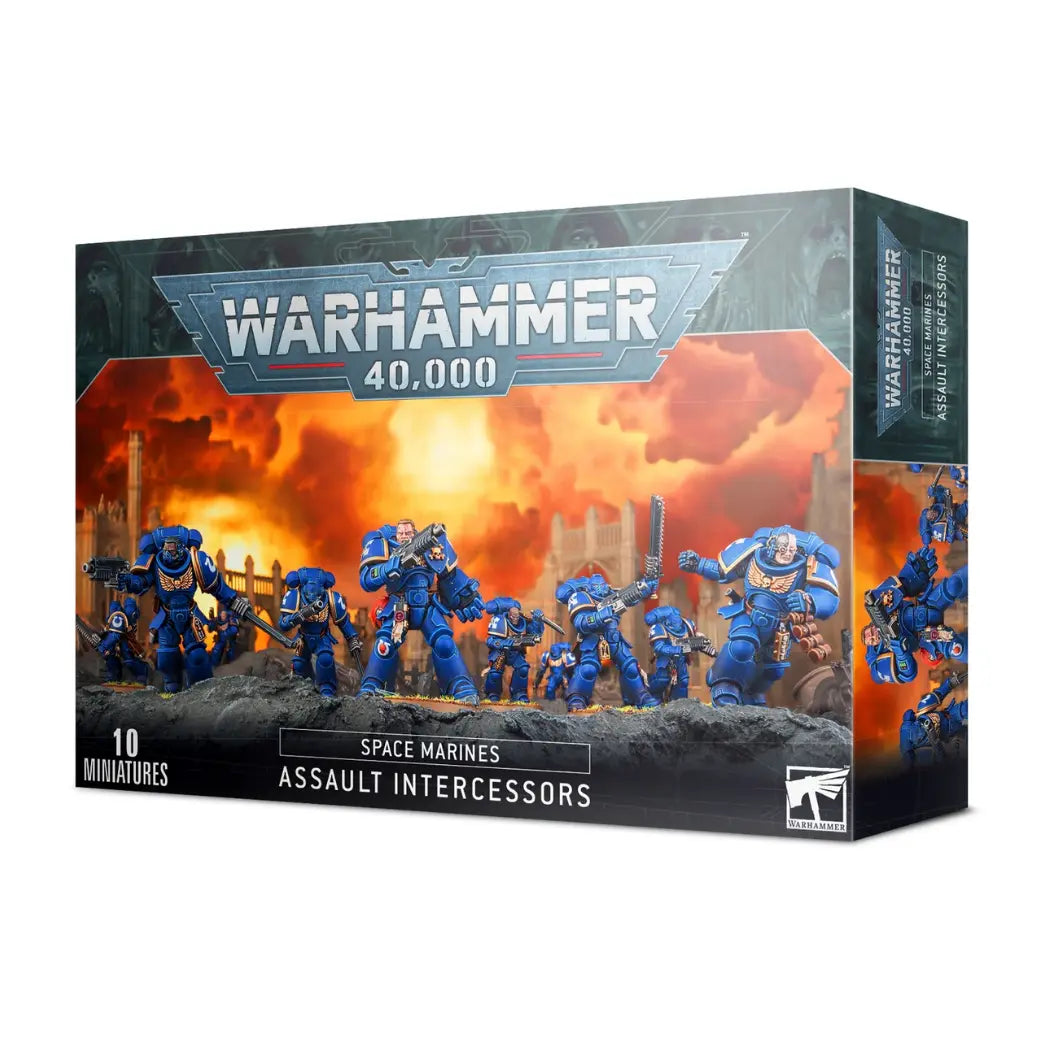 Warhammer 40,000 Assault Intercessors box featuring 10 blue-armored Space Marines with chainswords and heavy bolt pistols.