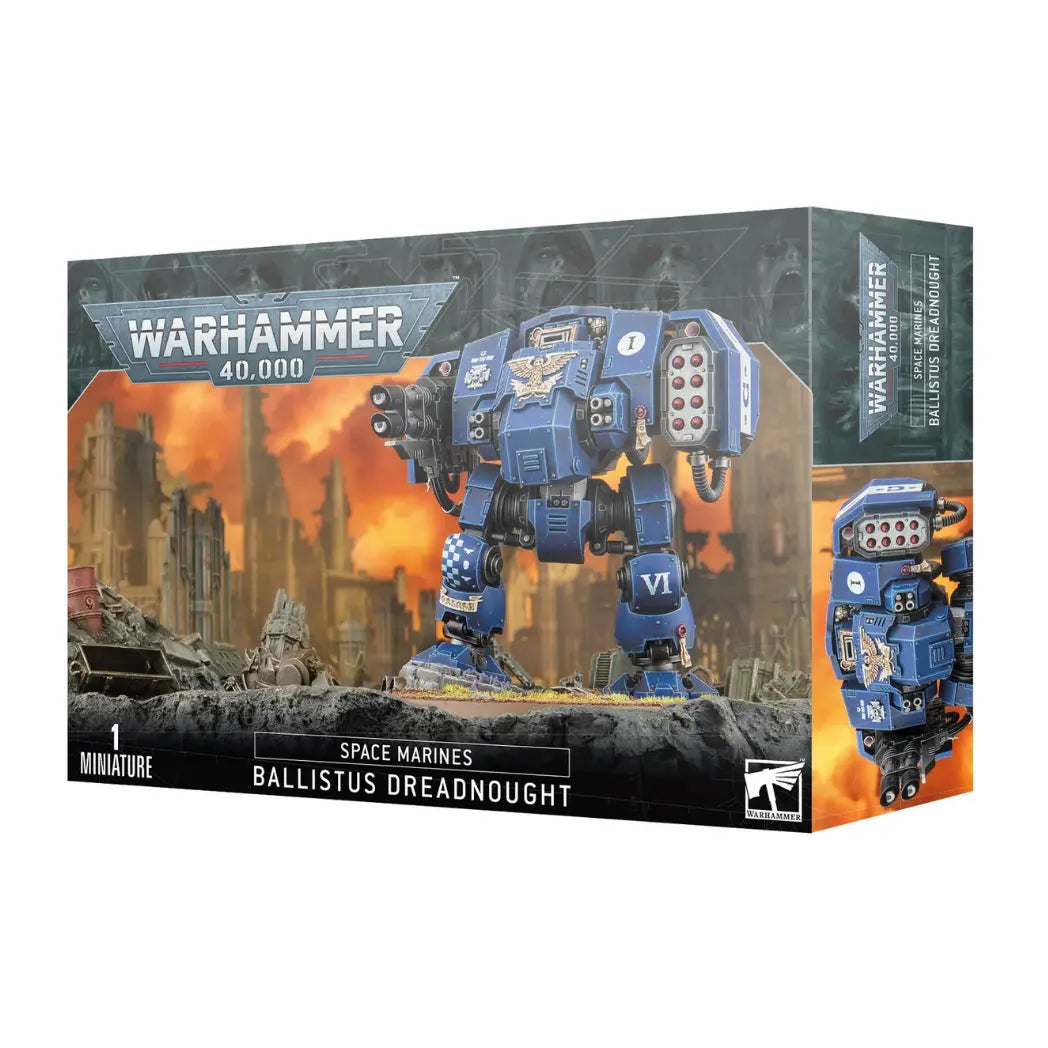 Warhammer 40,000 Space Marines Ballistus Dreadnought box featuring a large blue walking tank with missile launchers and twin lascannons.