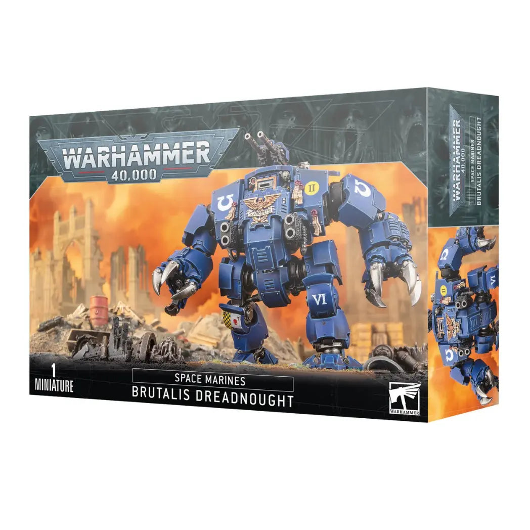 Warhammer 40,000 Space Marines Brutalis Dreadnought box featuring a large blue-armored walker with massive talons and multi-meltas.