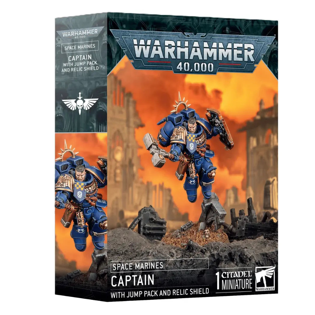 Warhammer 40,000 Space Marines  Captain with Jump Pack and Relic Shield box featuring a blue-armored leader with a thunder hammer.