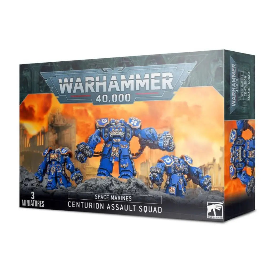 Warhammer 40,000 Space Marines  Centurion Assault Squad box featuring three heavy blue-armored Space Marines with siege drills.